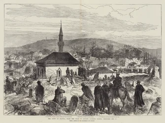 Die Stadt Plewna, von der Straße nach Lovatz (Blick nach Norden), skizziert am 11. Dezember